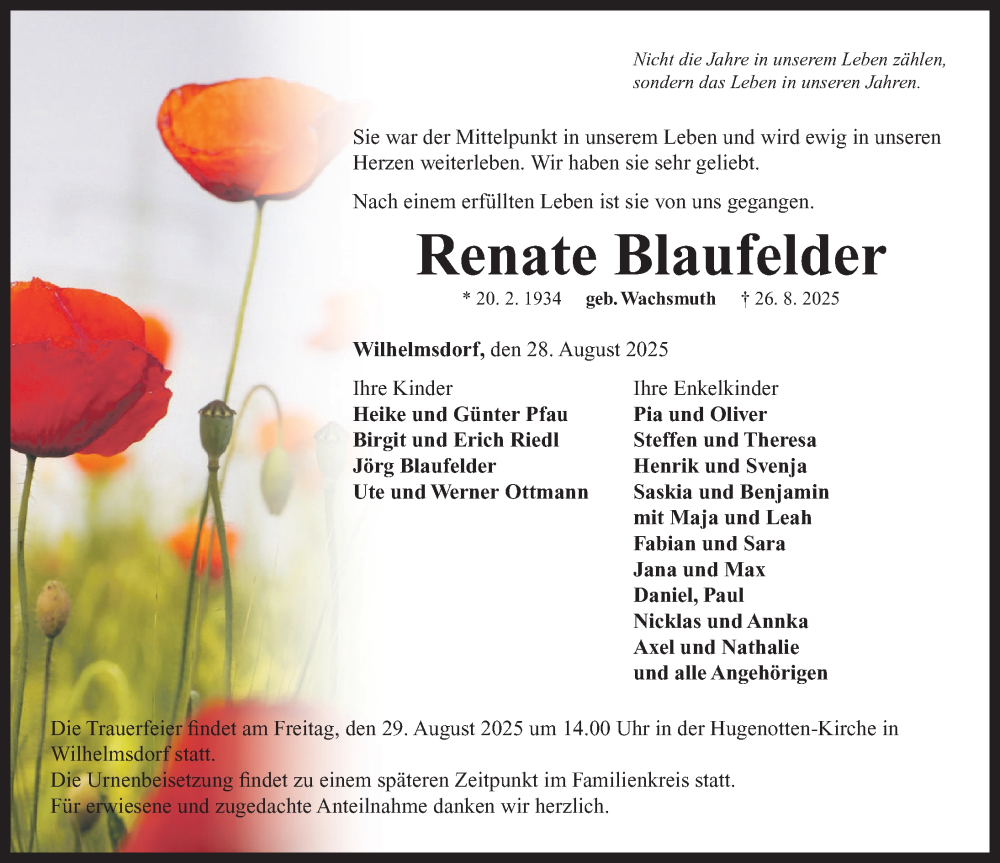  Traueranzeige für Renate Blaufelder vom 28.08.2025 aus Neustadt/ Scheinfeld/ Uffenheim