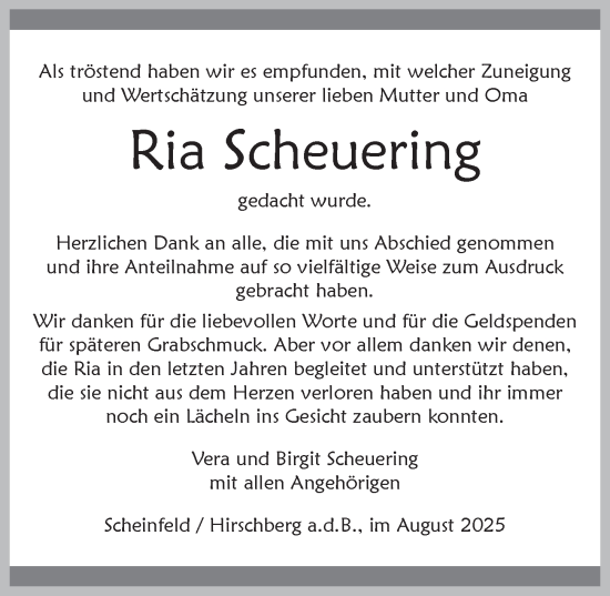 Traueranzeige von Ria Scheuering von Neustadt/ Scheinfeld/ Uffenheim