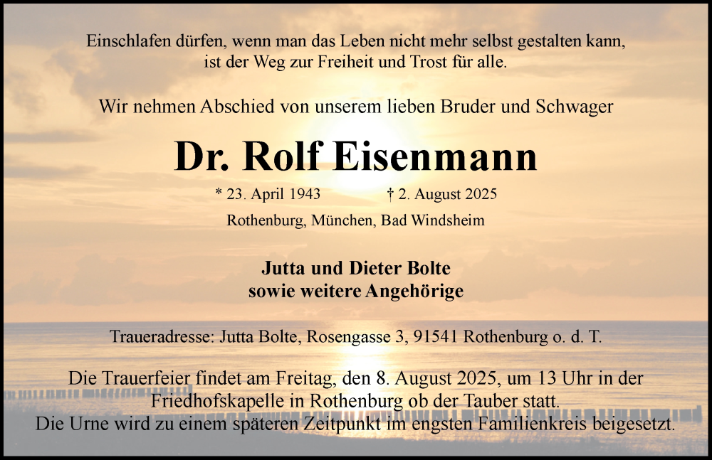  Traueranzeige für Rolf Eisenmann vom 06.08.2025 aus Rothenburg