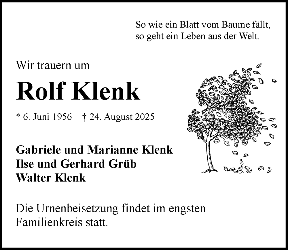  Traueranzeige für Rolf Klenk vom 27.08.2025 aus Rothenburg