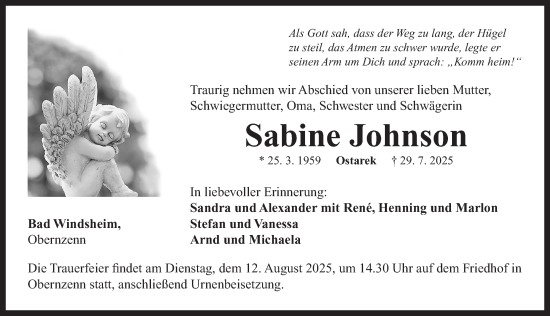 Traueranzeige von Sabine Johnson von Neustadt/ Scheinfeld/ Uffenheim