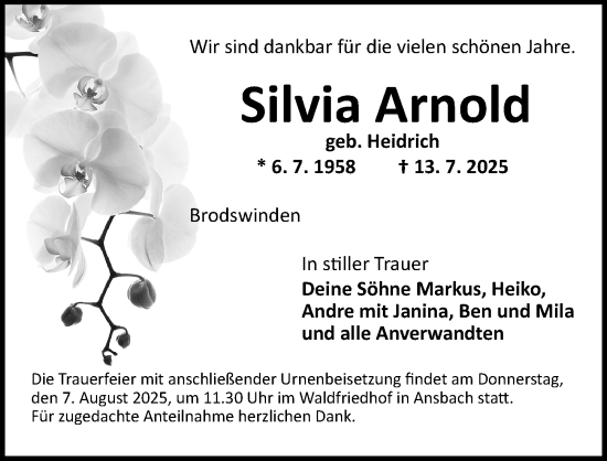 Traueranzeige von Silvia Arnold von Ansbach