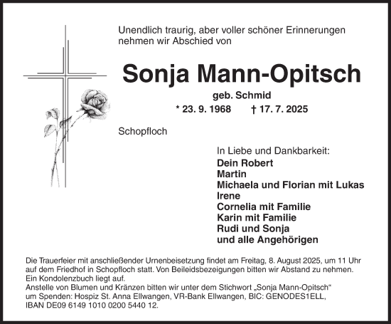 Traueranzeige von Sonja Mann-Opitsch von Dinkelsbühl/ Feuchtwangen