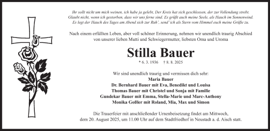 Traueranzeige von Stilla Bauer von Neustadt/ Scheinfeld/ Uffenheim