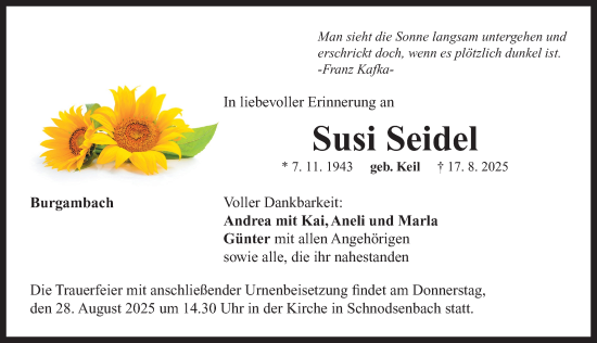 Traueranzeige von Susi Seidel von Neustadt/ Scheinfeld/ Uffenheim