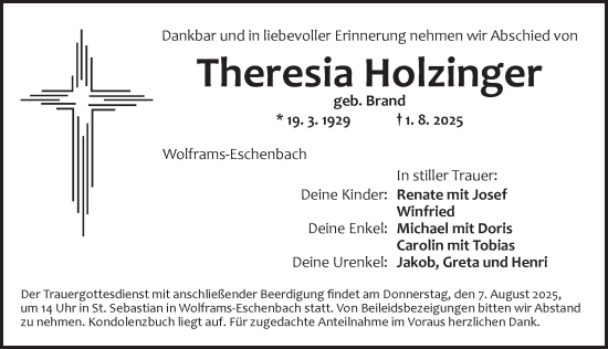 Traueranzeige von Theresia Holzinger von Ansbach