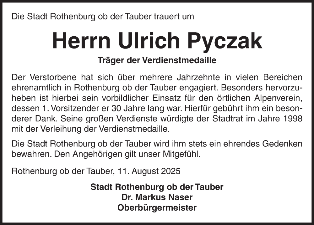  Traueranzeige für Ulrich Pyczak vom 13.08.2025 aus Rothenburg