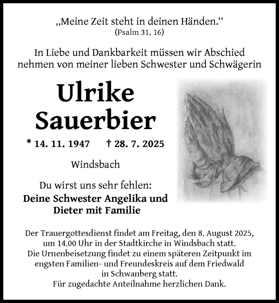  Traueranzeige für Ulrike Sauerbier vom 02.08.2025 aus Ansbach