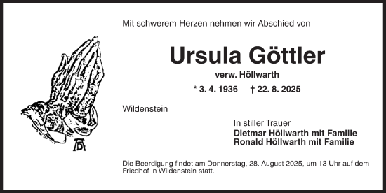 Traueranzeige von Ursula Göttler von Dinkelsbühl/ Feuchtwangen