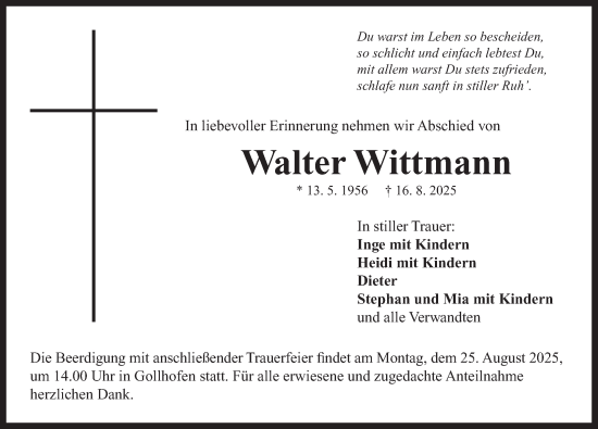 Traueranzeige von Walter Wittmann von Neustadt/ Scheinfeld/ Uffenheim