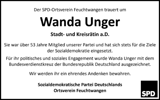 Traueranzeige von Wanda Unger von GE