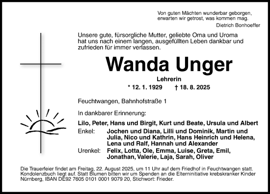 Traueranzeige von Wanda Unger von Dinkelsbühl/ Feuchtwangen