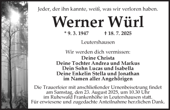 Traueranzeige von Werner Würl von Ansbach