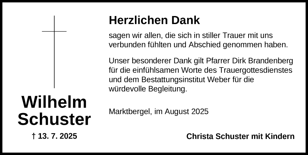  Traueranzeige für Wilhelm Schuster vom 02.08.2025 aus Neustadt/ Scheinfeld/ Uffenheim
