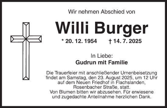 Traueranzeige von Willi Burger von Ansbach