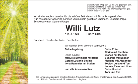 Traueranzeige von Willi Lutz von Dinkelsbühl/ Feuchtwangen