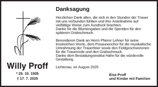 Traueranzeige von Willy Proff von Dinkelsbühl/ Feuchtwangen