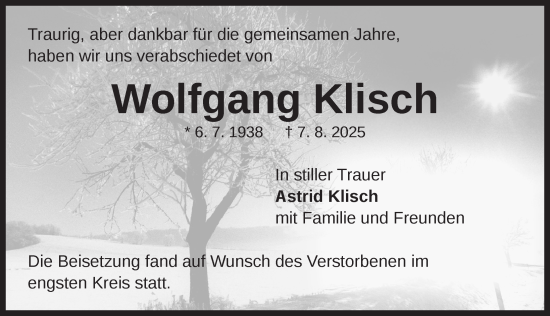 Traueranzeige von Wolfgang Klisch von Neustadt/ Scheinfeld/ Uffenheim