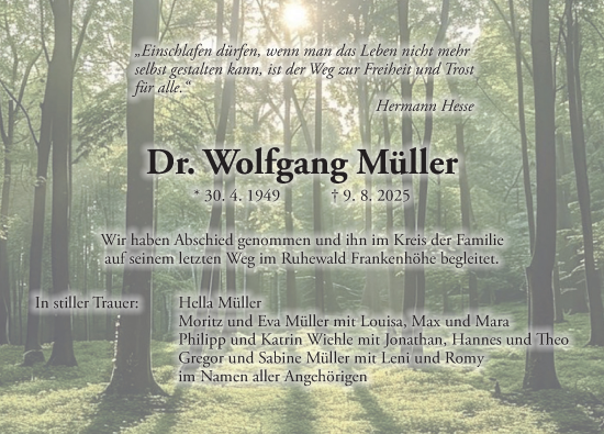 Traueranzeige von Wolfgang Müller von Dinkelsbühl/ Feuchtwangen
