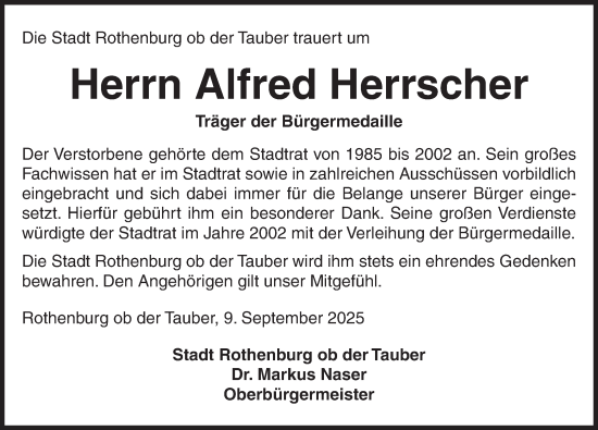 Traueranzeige von Alfred Herrscher von Rothenburg