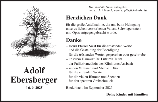 Traueranzeige von Adolf Ebersberger von Ansbach