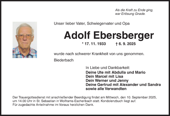 Traueranzeige von Adolf Ebersberger von Ansbach