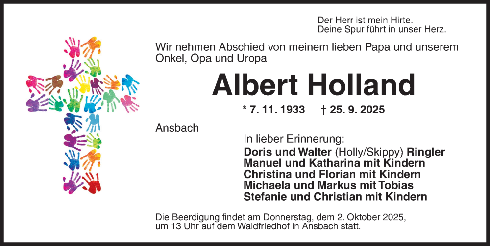  Traueranzeige für Albert Holland vom 29.09.2025 aus Ansbach