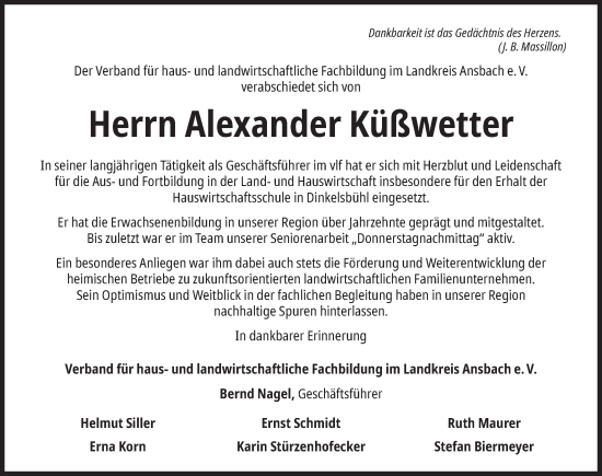 Traueranzeige von Alexander Küßwetter von Ansbach