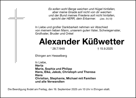 Traueranzeige von Alexander Küßwetter von Ansbach