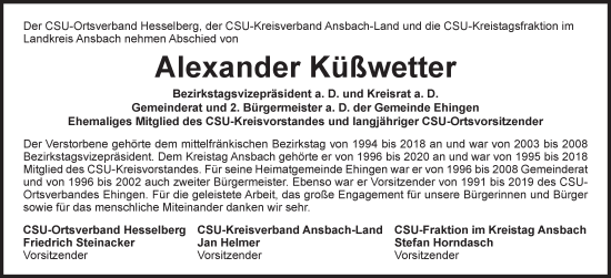 Traueranzeige von Alexander Küßwetter von GE
