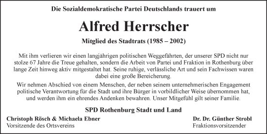 Traueranzeige von Alfred Herrscher von Rothenburg