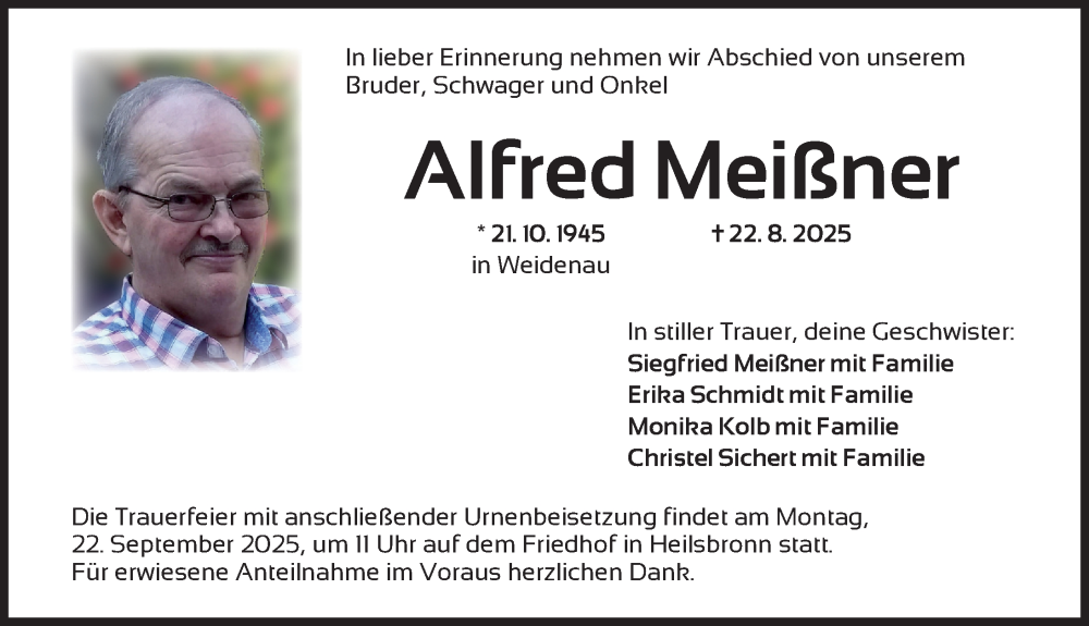  Traueranzeige für Alfred Meißner vom 17.09.2025 aus Ansbach