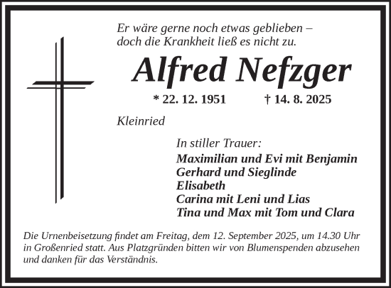 Traueranzeige von Alfred Nefzger von Ansbach