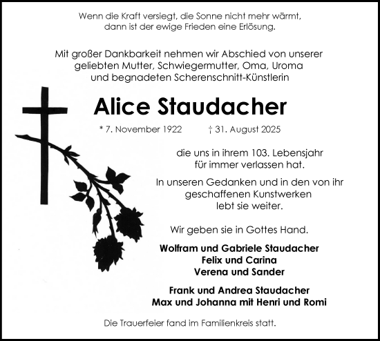 Traueranzeige von Alice Staudacher von Rothenburg