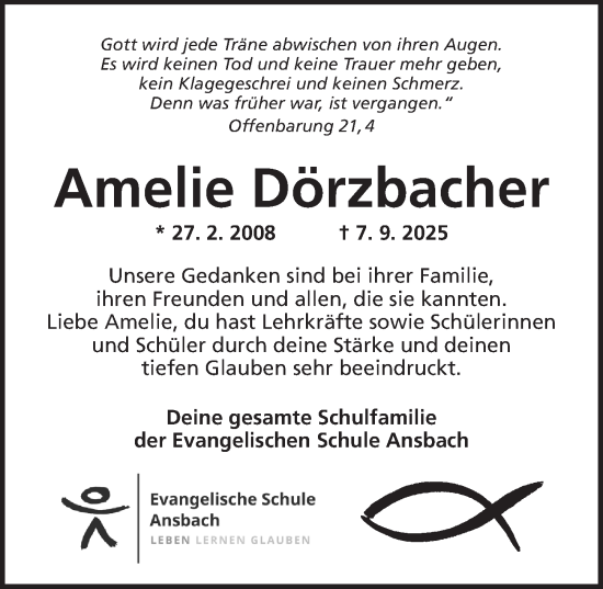 Traueranzeige von Amelie Dörzbacher von Ansbach