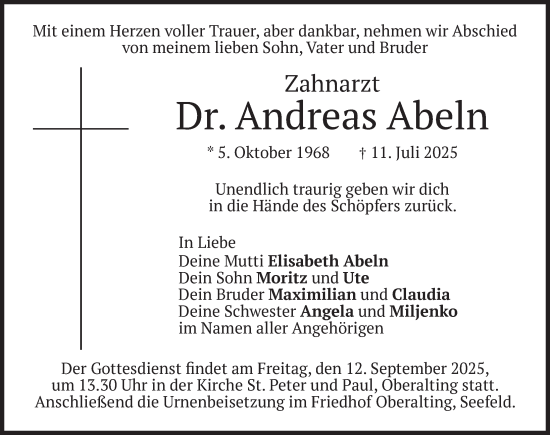 Traueranzeige von Andreas Abeln von Dinkelsbühl/ Feuchtwangen