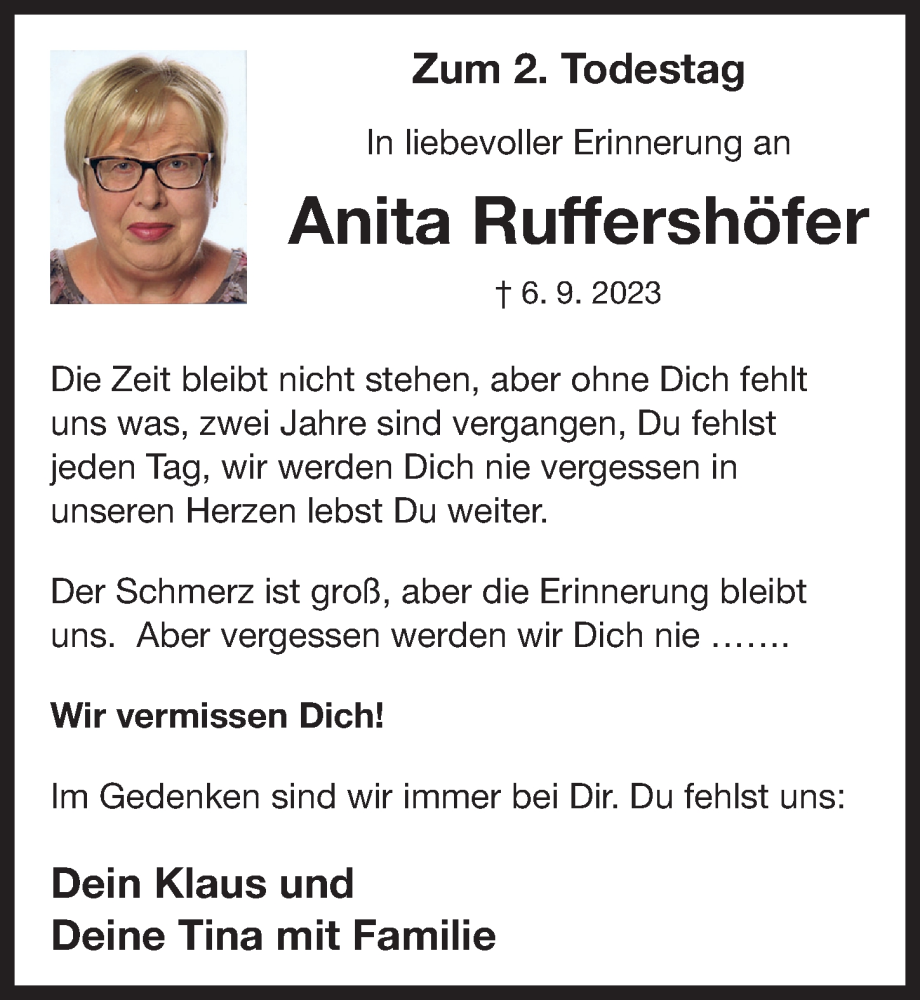  Traueranzeige für Anita Ruffershöfer vom 06.09.2025 aus Neustadt/ Scheinfeld/ Uffenheim
