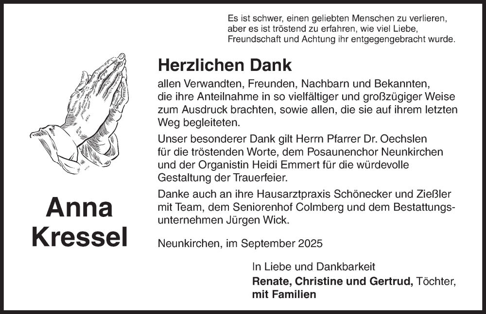  Traueranzeige für Anna Kressel vom 27.09.2025 aus Ansbach