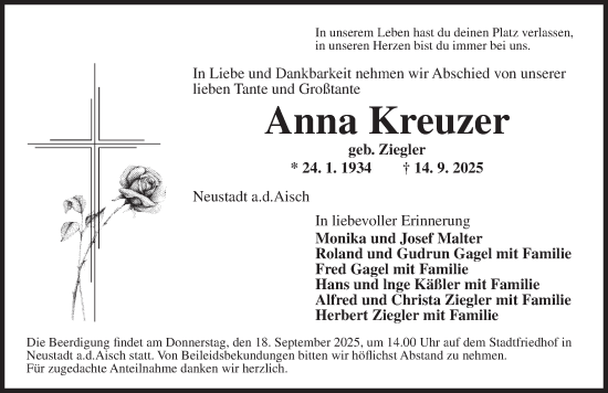 Traueranzeige von Anna Kreuzer von Neustadt/ Scheinfeld/ Uffenheim