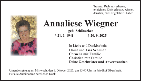 Traueranzeige von Annaliese Wiegner von Ansbach