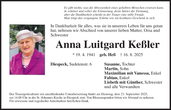 Traueranzeige von Anna Luitgard Keßler von Neustadt/ Scheinfeld/ Uffenheim