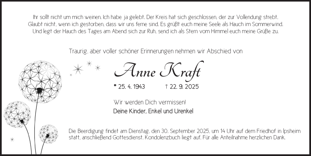  Traueranzeige für Anne Kraft vom 27.09.2025 aus Neustadt/ Scheinfeld/ Uffenheim
