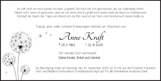 Traueranzeige von Anne Kraft von Neustadt/ Scheinfeld/ Uffenheim
