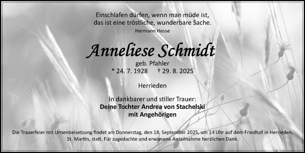  Traueranzeige für Anneliese Schmidt vom 15.09.2025 aus Ansbach