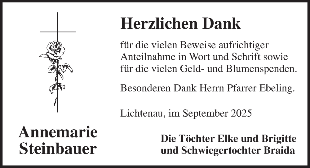 Traueranzeige für Annemarie Steinbauer vom 06.09.2025 aus Ansbach