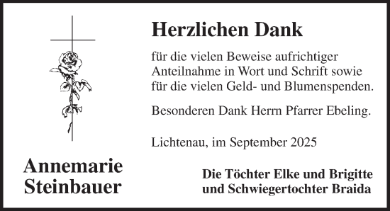 Traueranzeige von Annemarie Steinbauer von Ansbach