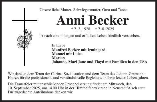 Traueranzeige von Anni Becker von Neustadt/ Scheinfeld/ Uffenheim