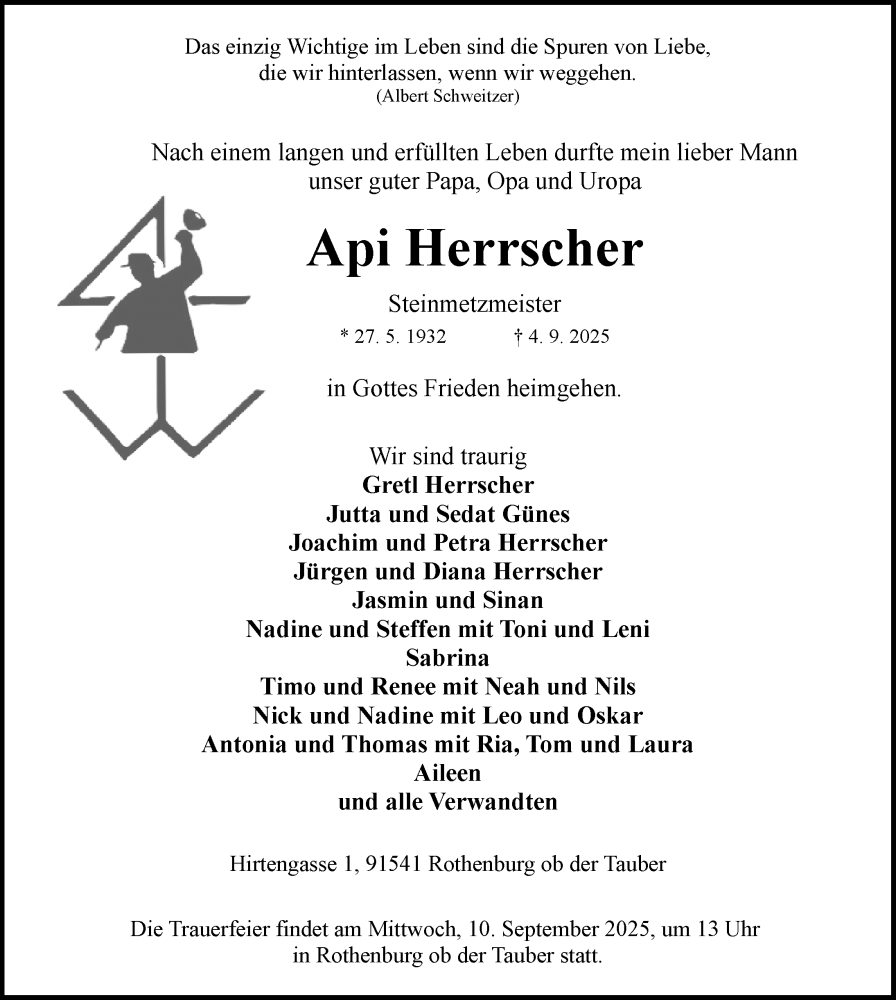  Traueranzeige für Api Herrscher vom 08.09.2025 aus Rothenburg