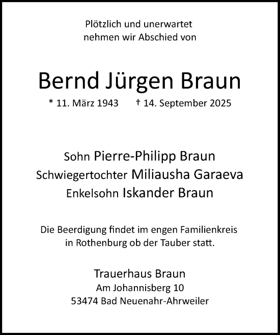 Traueranzeige von Bernd Jürgen Braun von Rothenburg