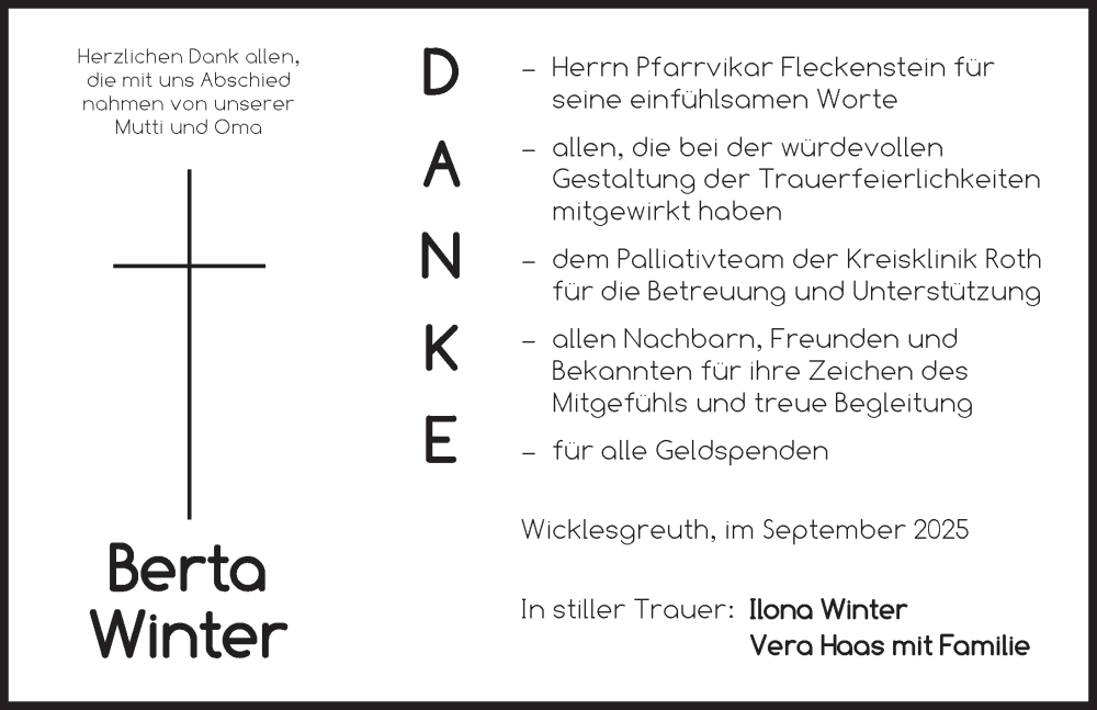  Traueranzeige für Berta Winter vom 06.09.2025 aus Ansbach